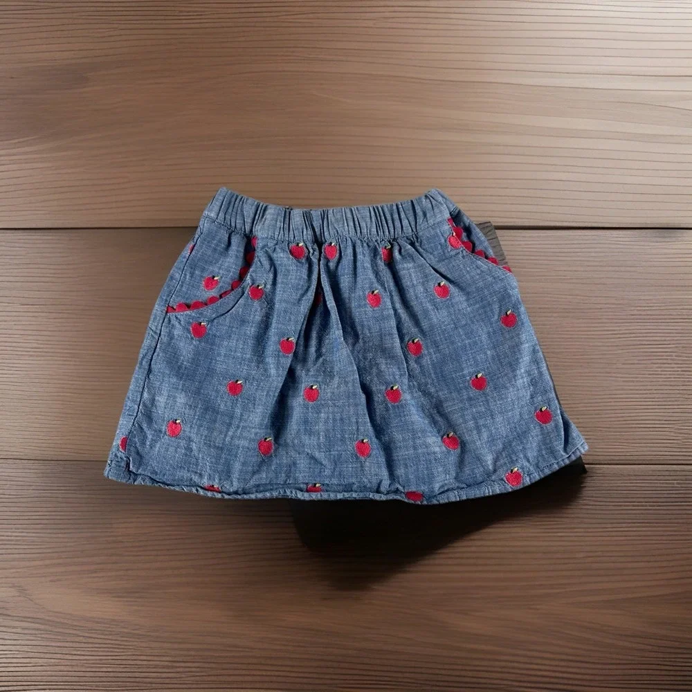 Gymboree Girls Skirt Size 6 Blue‎ Denim Embroidered Apples Pockets Cotton